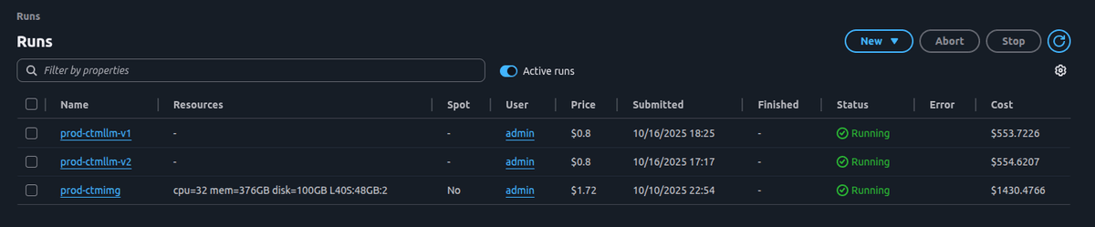 dstack runs overview showing active services